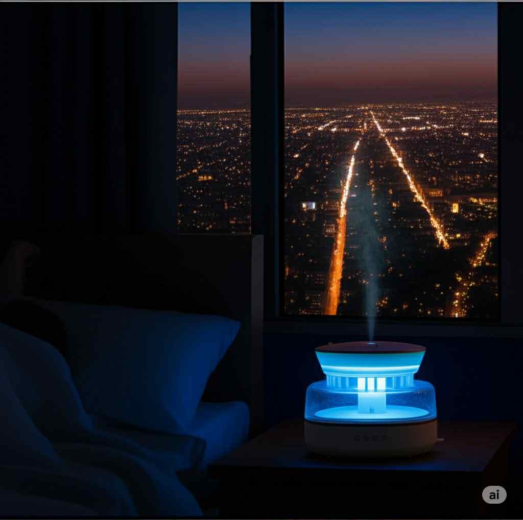 Raindrop Aroma Humidifier with Colorful Light & White Noise – Ultrasonic Essential Oil Diffuser for Home.