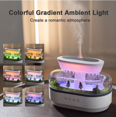Raindrop Aroma Humidifier with Colorful Light & White Noise – Ultrasonic Essential Oil Diffuser for Home.