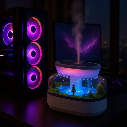 Raindrop Aroma Humidifier with Colorful Light & White Noise – Ultrasonic Essential Oil Diffuser for Home.
