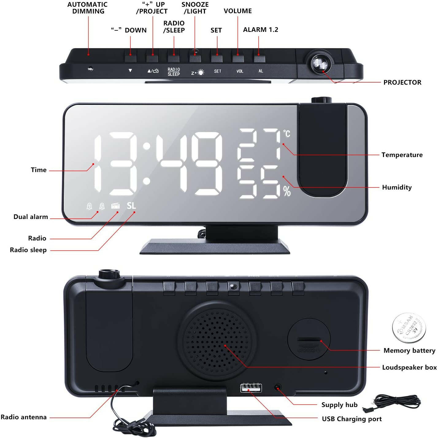LED Projection Digital Alarm Clock Phone Charger.