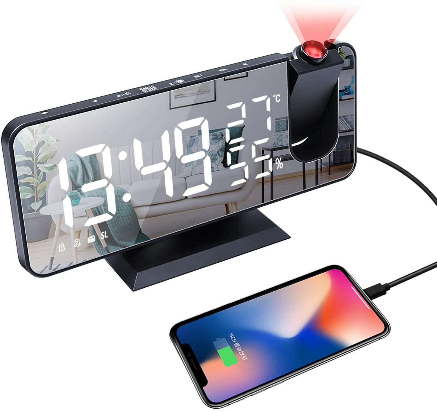 LED Projection Digital Alarm Clock Phone Charger.