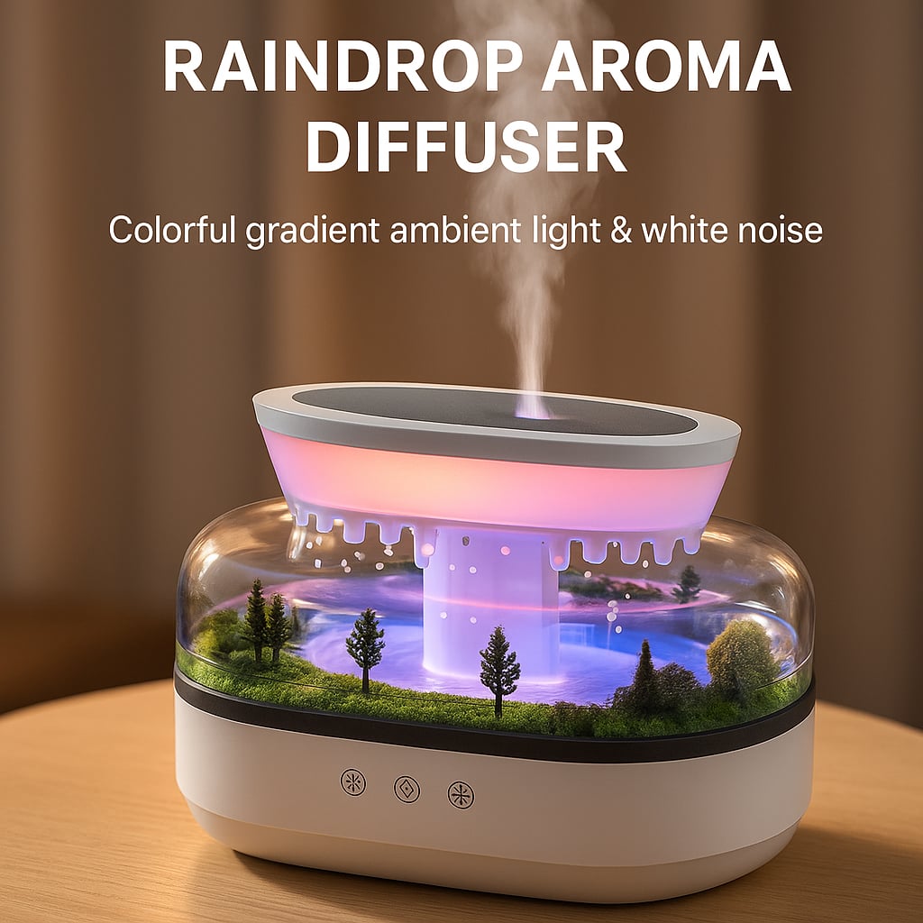Raindrop Aroma Humidifier with Colorful Light & White Noise – Ultrasonic Essential Oil Diffuser for Home.