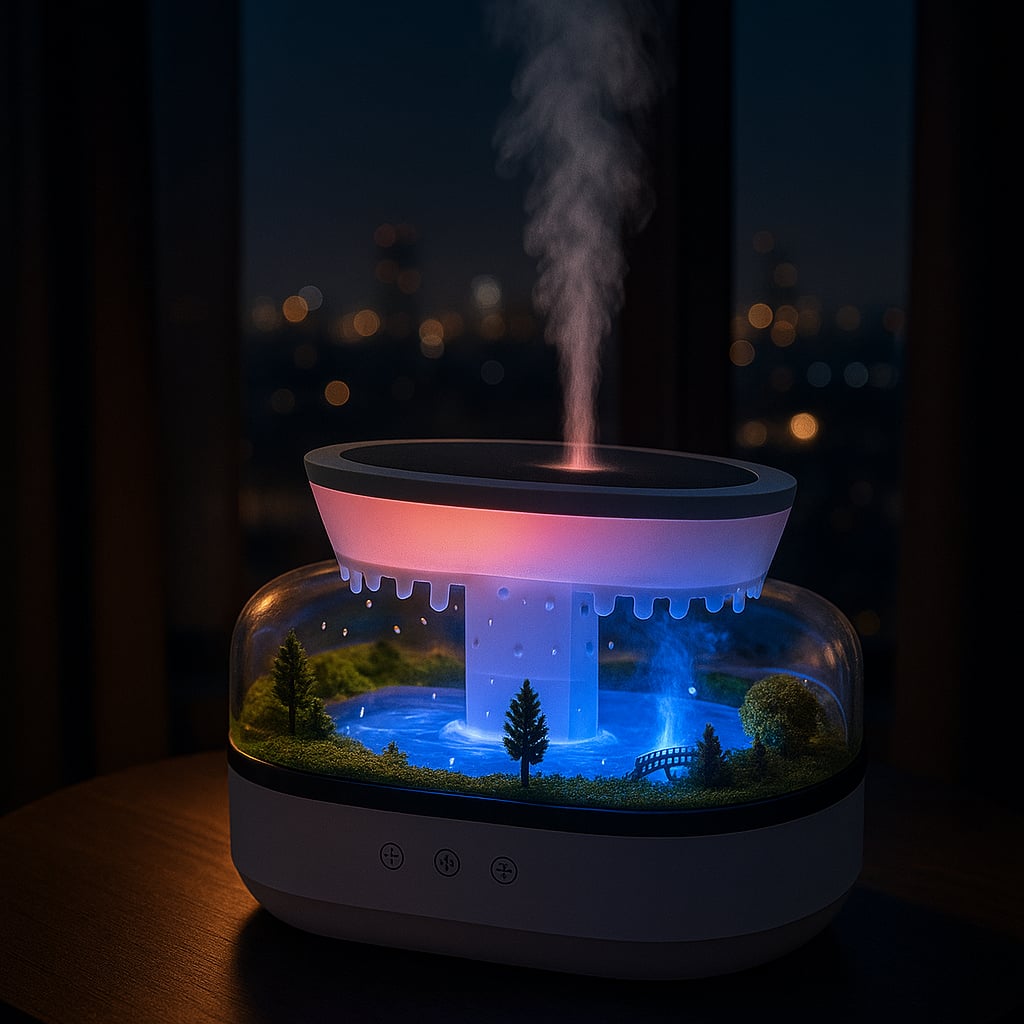 Raindrop Aroma Humidifier with Colorful Light & White Noise – Ultrasonic Essential Oil Diffuser for Home.