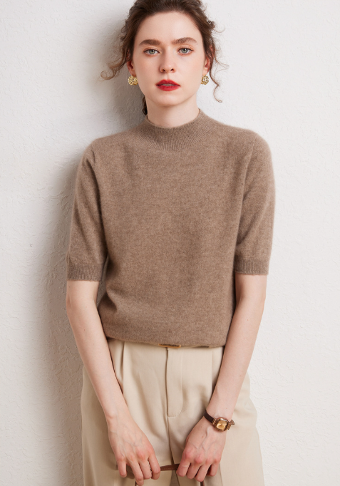 Cashmere Mock-Neck Short Sleeve Sweater