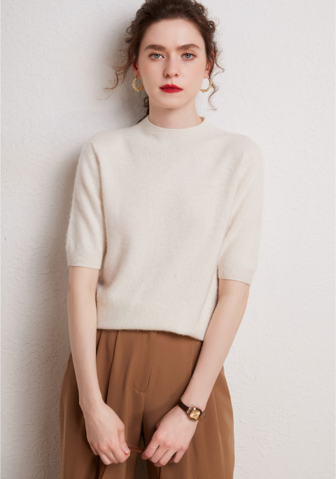 Cashmere Mock-Neck Short Sleeve Sweater