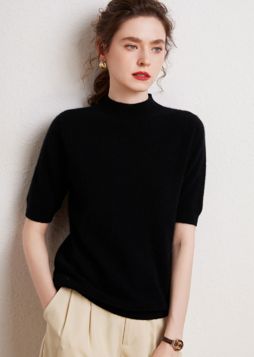 Cashmere Mock-Neck Short Sleeve Sweater